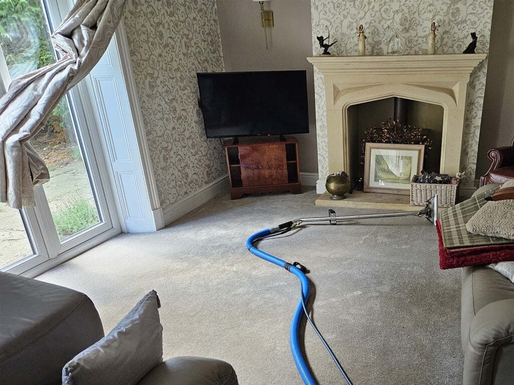 Professional carpet cleaner in Leeds using hot water extraction on a stained carpet