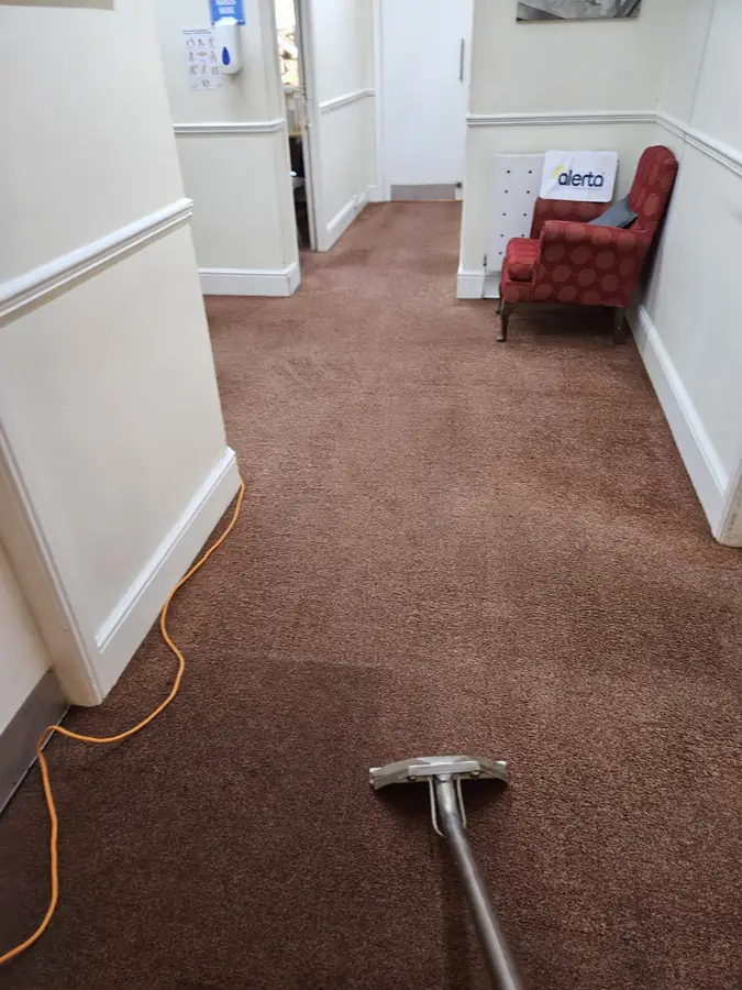 Carpet extraction wand and hose in a commercial corridor