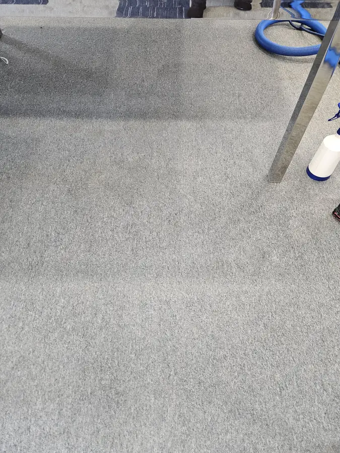 Commercial carpet showing adjacent cleaning passes with equipment nearby
