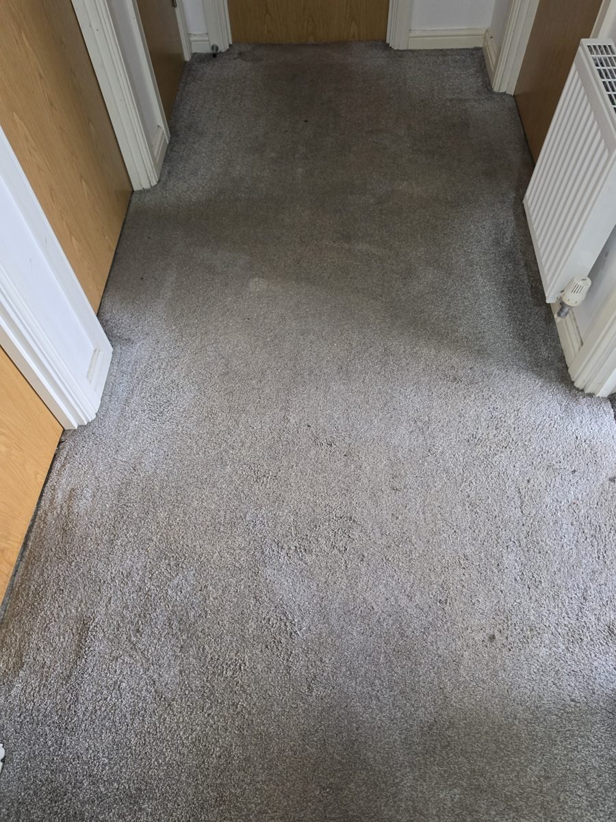 Grey landing carpet with traffic marks before cleaning