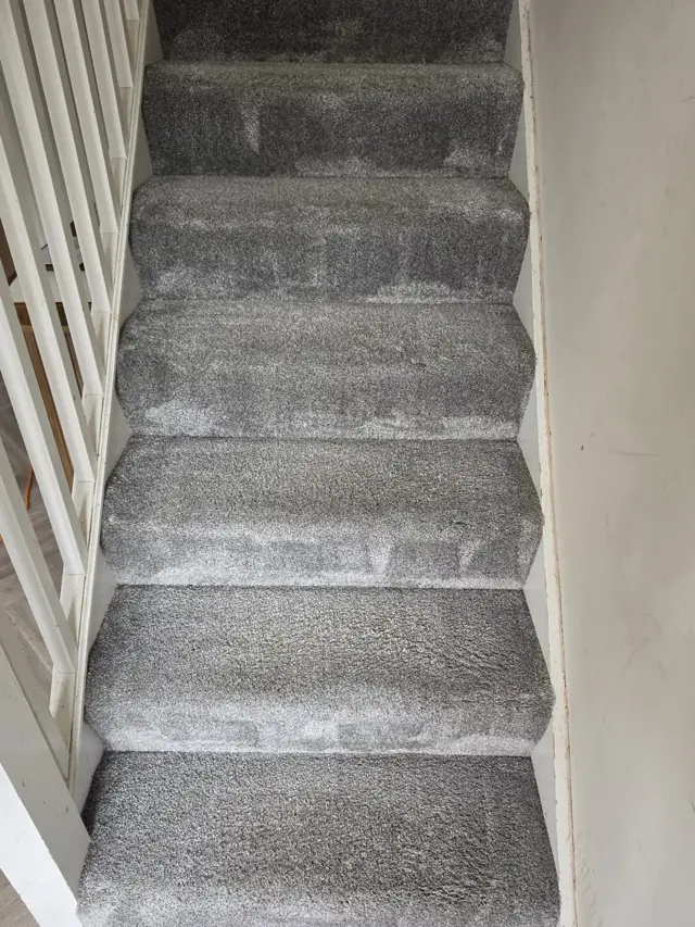 Carpet Cleaning in Pontefract 2 Grey carpeted staircase showing grooming marks after a New Life Carpet clean