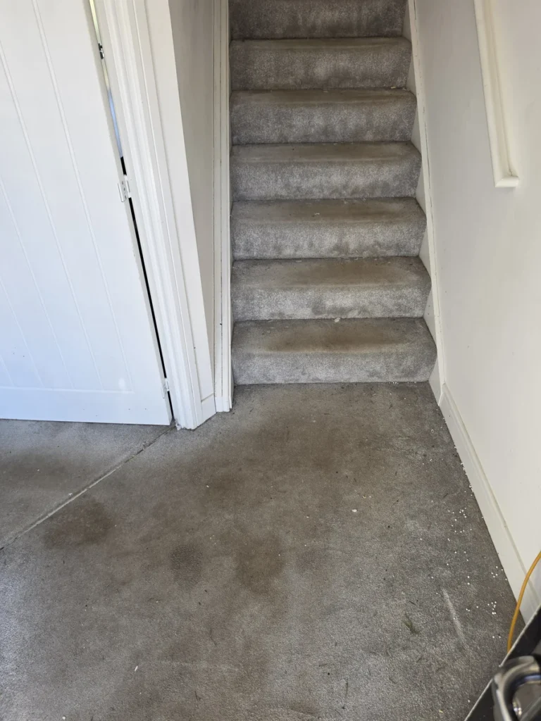 Grey carpet on the stairs and adjoining hallway before cleaning by New Life Carpet