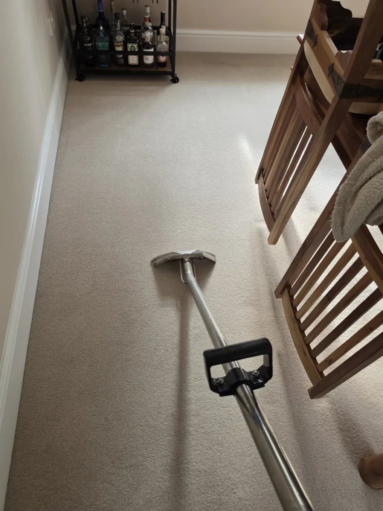 Carpet extraction wand on a landing beside a wooden staircase