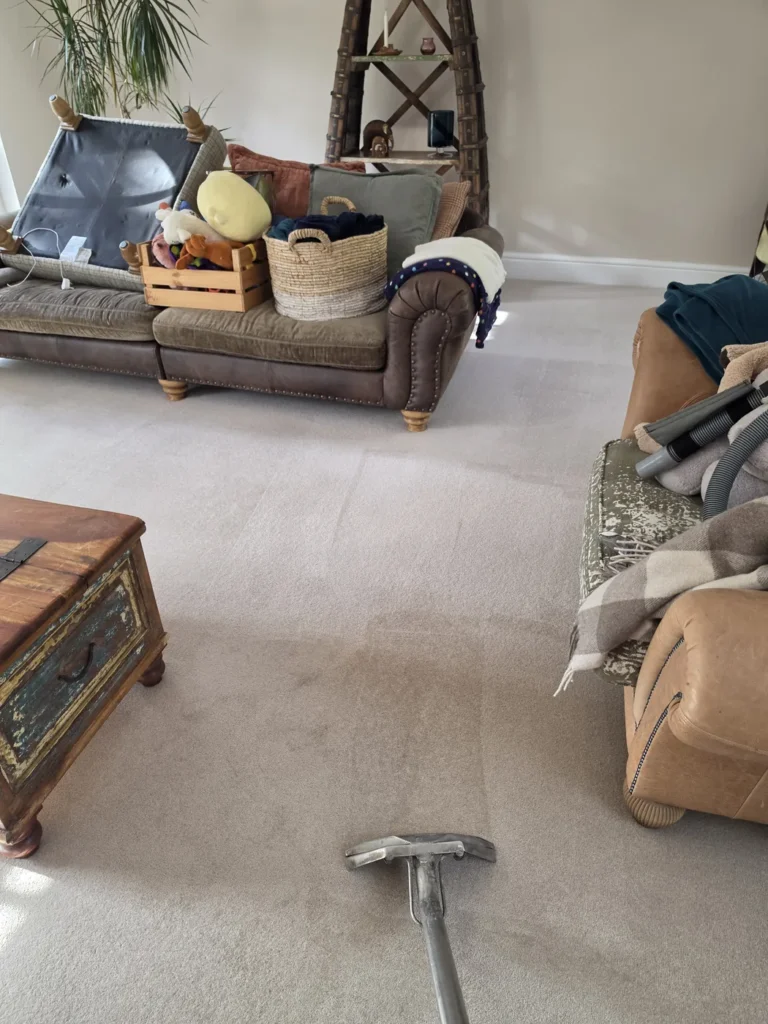 Extraction wand on a living room carpet during a New Life Carpet cleaning job