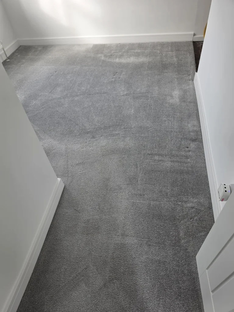 Grey carpet with cleaning passes in a room with white walls