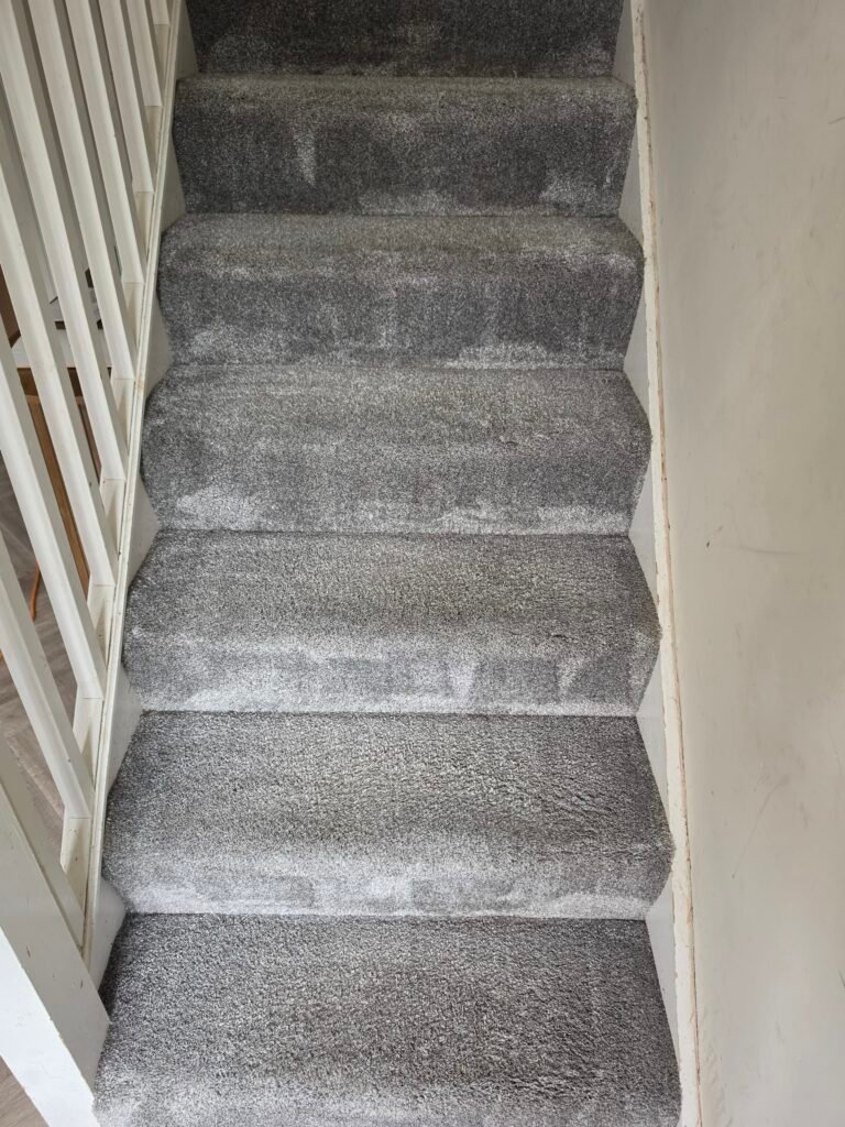 Grey carpeted stairs from New Life Carpet’s cleaning work