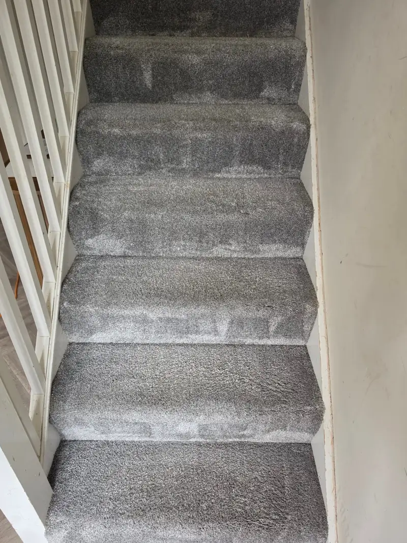 Carpeted staircase with grey carpet and light pile shading on the stair treads